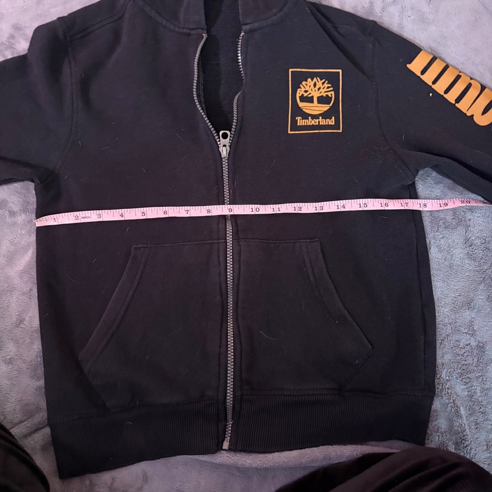 Timberland Black Zip Up Hoodie Logo Sleeve Graphic Fleece Lined Kids M 10 12 - Picture 12 of 14